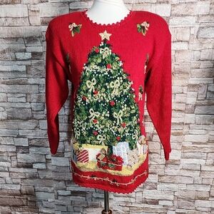 Tiara Vintage Festive Red Christmas Tree Sweater